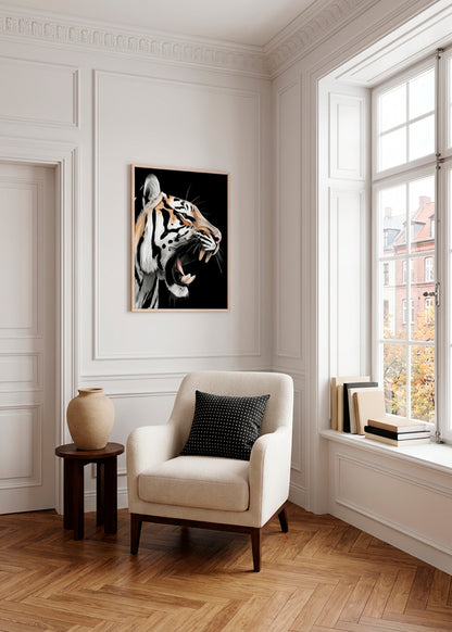 Tiger art print with black background hanging in an elegant living room, creating a bold contrast in a bright Scandinavian interior.
