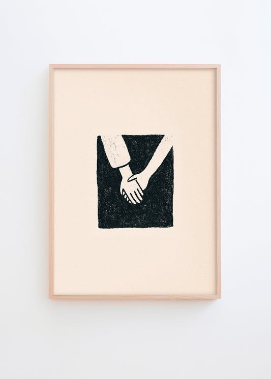 Togetherness minimalist black and white poster with two hands holding each other