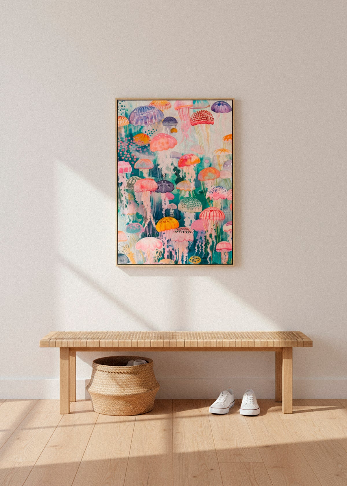 Colorful jellyfish canvas print hanging above a woven bench in a sunlit minimal Scandinavian hallway.