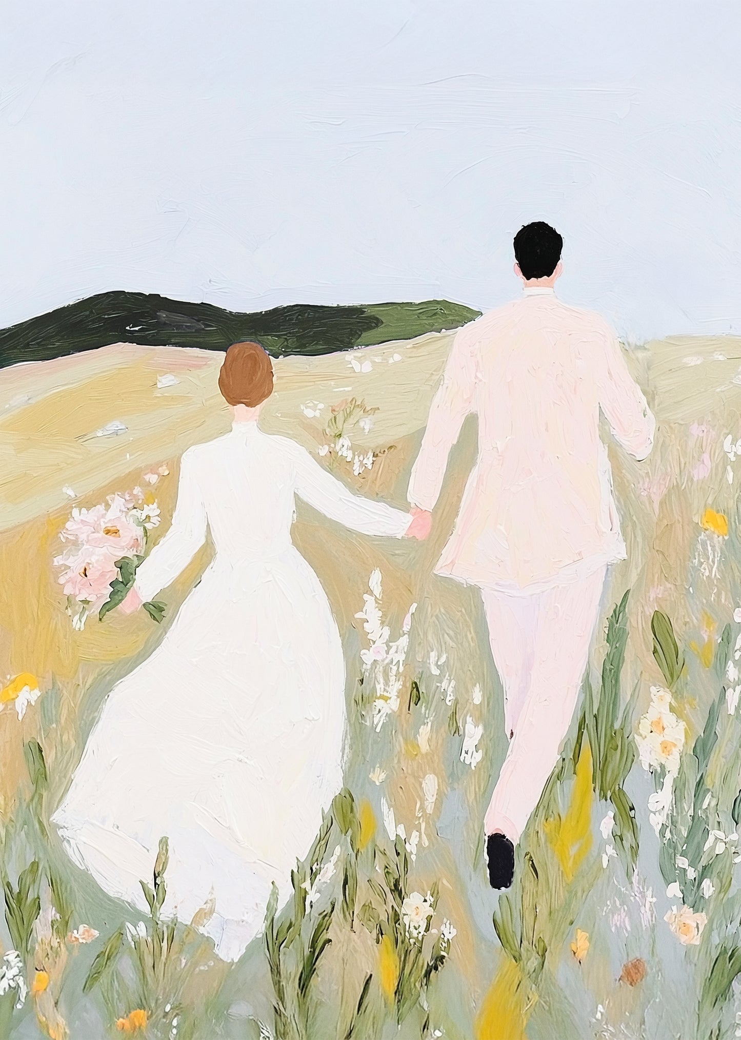 Poster of a couple in light clothing walking hand in hand through a sunlit meadow, with soft floral tones and a romantic mood.