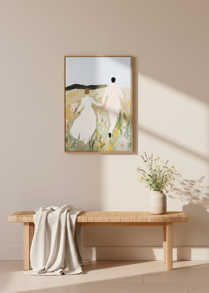 “Us” canvas print displayed above a wooden bench with natural light and wildflowers.