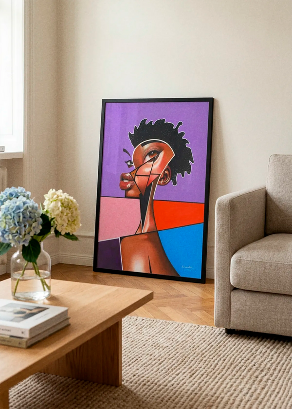 Vibrant Abstract Woman by Manasseh Johnson Sr. art print featuring an abstract female portrait with geometric facial shapes in purple, pink, red, orange and blue on a white background.