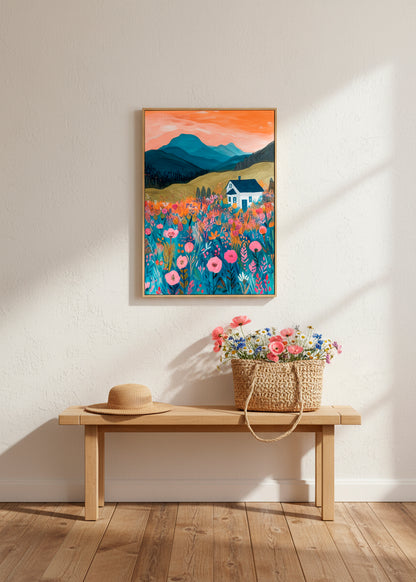 Framed canvas of a white house surrounded by colorful wildflowers and mountain scenery, styled above a wooden bench with summer accessories.