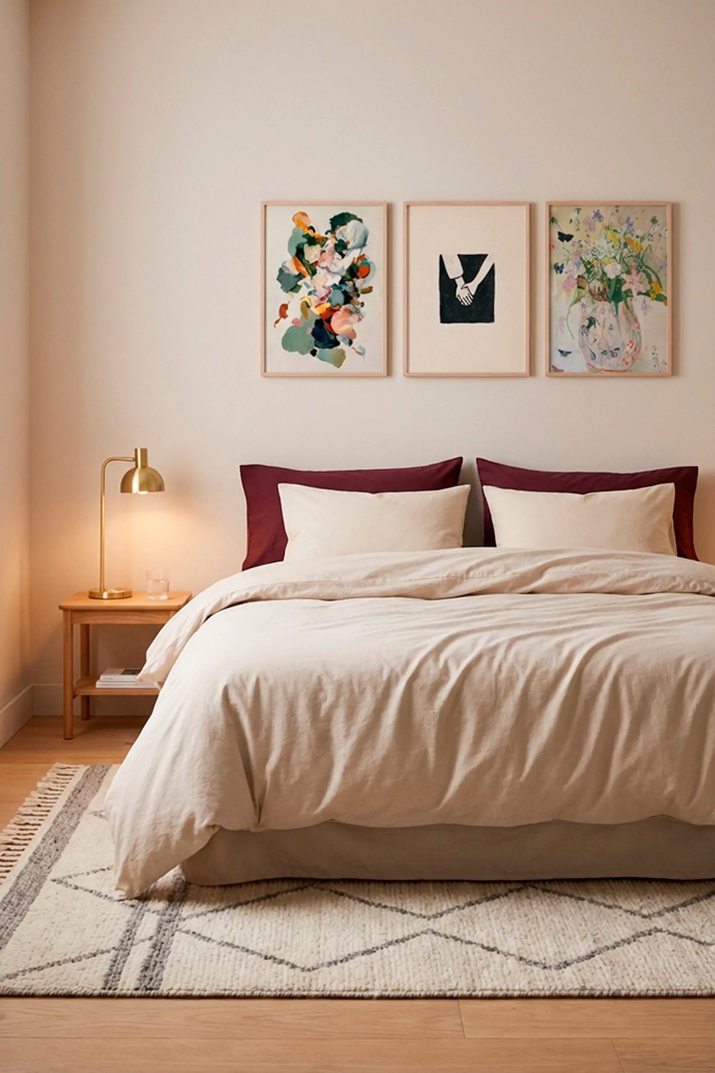 Bedroom gallery wall with Petale, Togetherness and Wild Garden posters above the bed