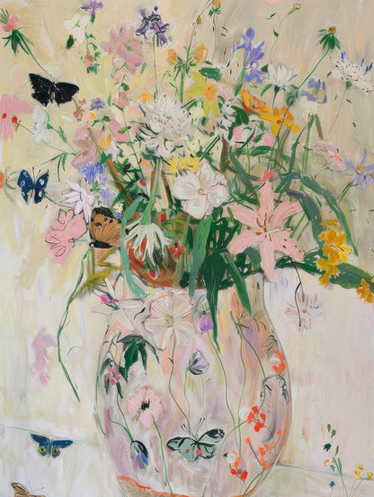 Wild Garden with colorful wildflowers and butterflies in a soft pastel vase