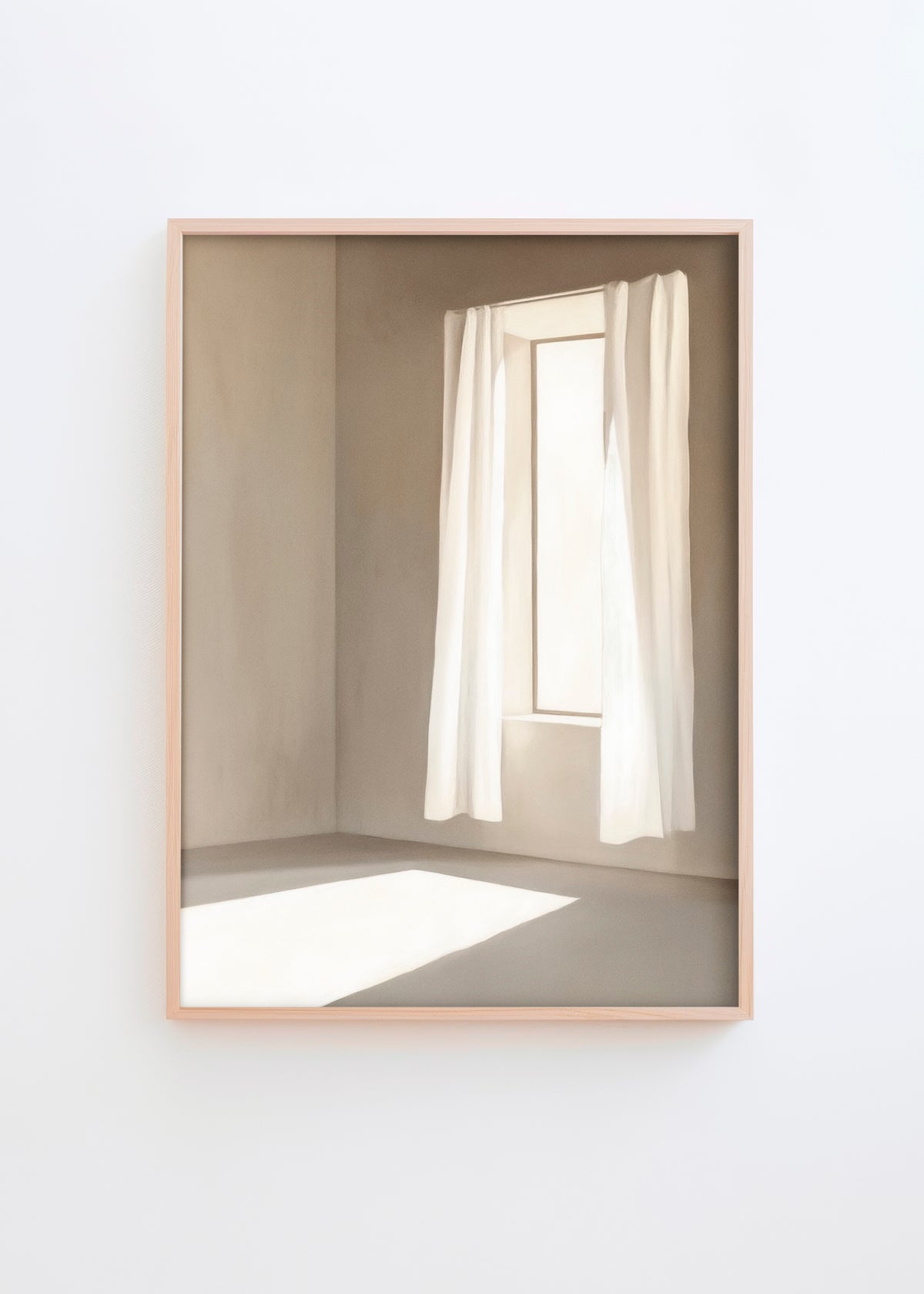 Minimalist Window poster featuring soft natural light shining through an open curtain, creating a tranquil and airy atmosphere. Perfect for modern, Scandinavian-inspired interiors.