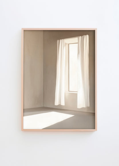 Minimalist Window poster featuring soft natural light shining through an open curtain, creating a tranquil and airy atmosphere. Perfect for modern, Scandinavian-inspired interiors.