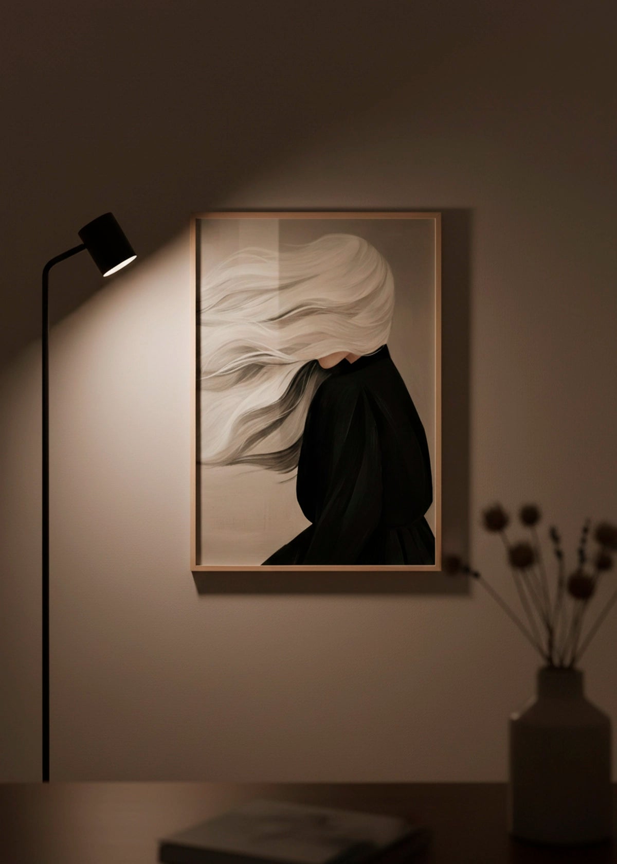 Windy poster illuminated by a minimalist floor lamp in a calm, dimly lit Scandinavian room.