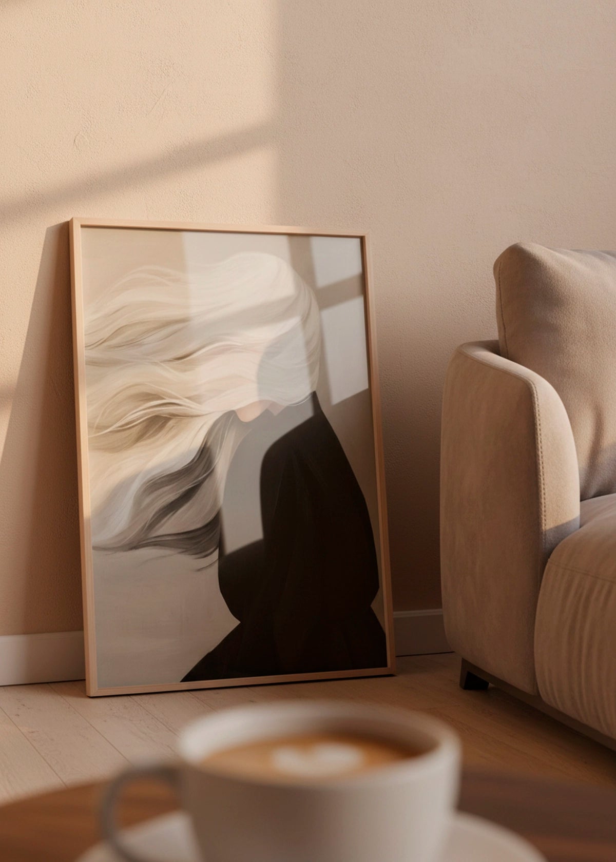 Windy poster leaning against a beige wall in a sunlit Scandinavian living room with warm natural light and soft textures.