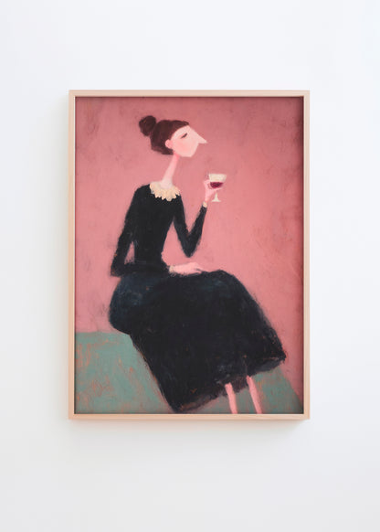 Wall art featuring a woman in a dark dress holding a wine glass, painted on a warm pink background with minimalist details