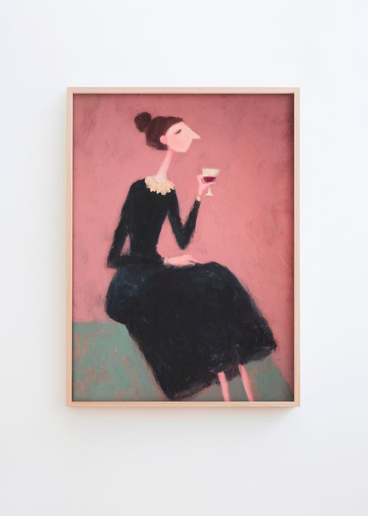 Wall art featuring a woman in a dark dress holding a wine glass, painted on a warm pink background with minimalist details
