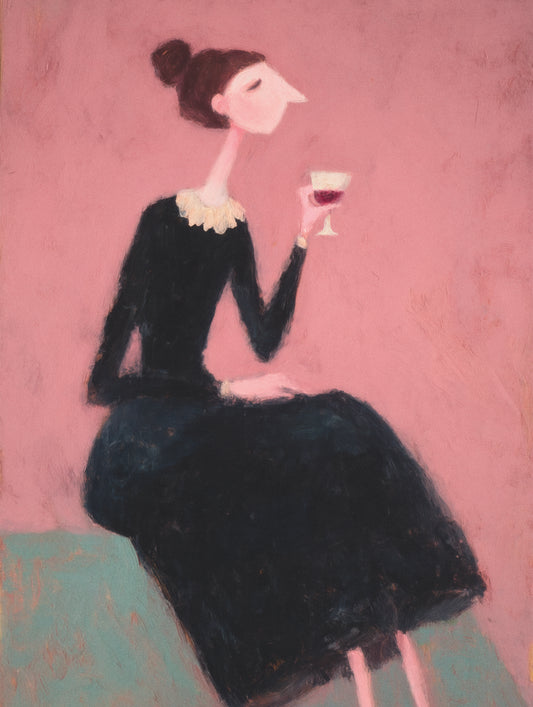 Poster featuring a woman in a dark dress holding a wine glass, painted on a warm pink background with minimalist details