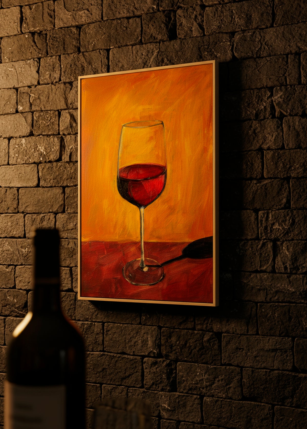 Canvas print with a red wine glass on a warm orange background, hanging on a textured dark stone wall.