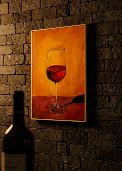 Canvas print with a red wine glass on a warm orange background, hanging on a textured dark stone wall.
