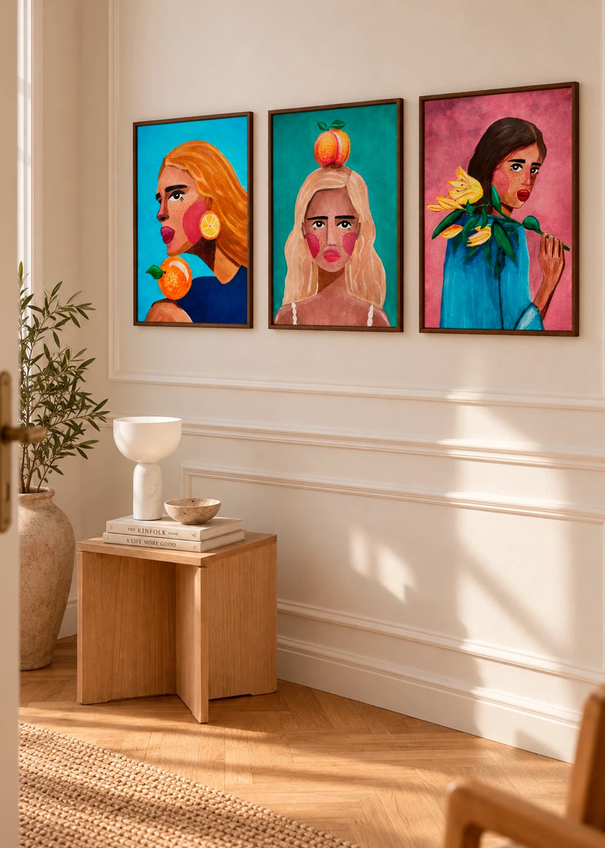 Woman With Orange, Woman With Peach og Woman With Lily af Raissa Oltmanns samlet som farverig billedvæg i et lyst, varmt interiør.