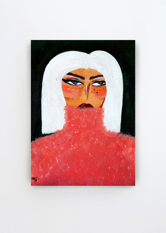 Woman in Pink Turtleneck by Amy Straley art print featuring a woman with white hair, dramatic eyes and a textured pink turtleneck against a deep black background.