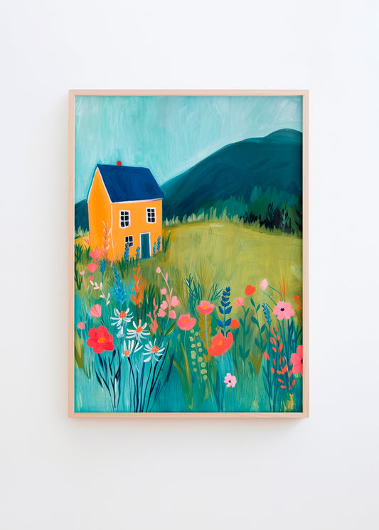 Beautiful poster with a ywllow house in a flowerfull fied- HelloPoster.com