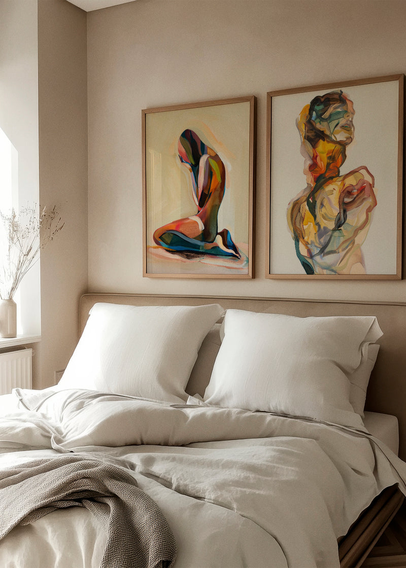 beautilful creature and body color Beautiful Creature poster hanging above a neutral bed setup – modern bedroom decor with soft tones and expressive abstract art.