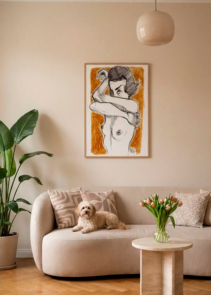 Crossed Arms poster styled above a sofa in a warm Scandinavian living room