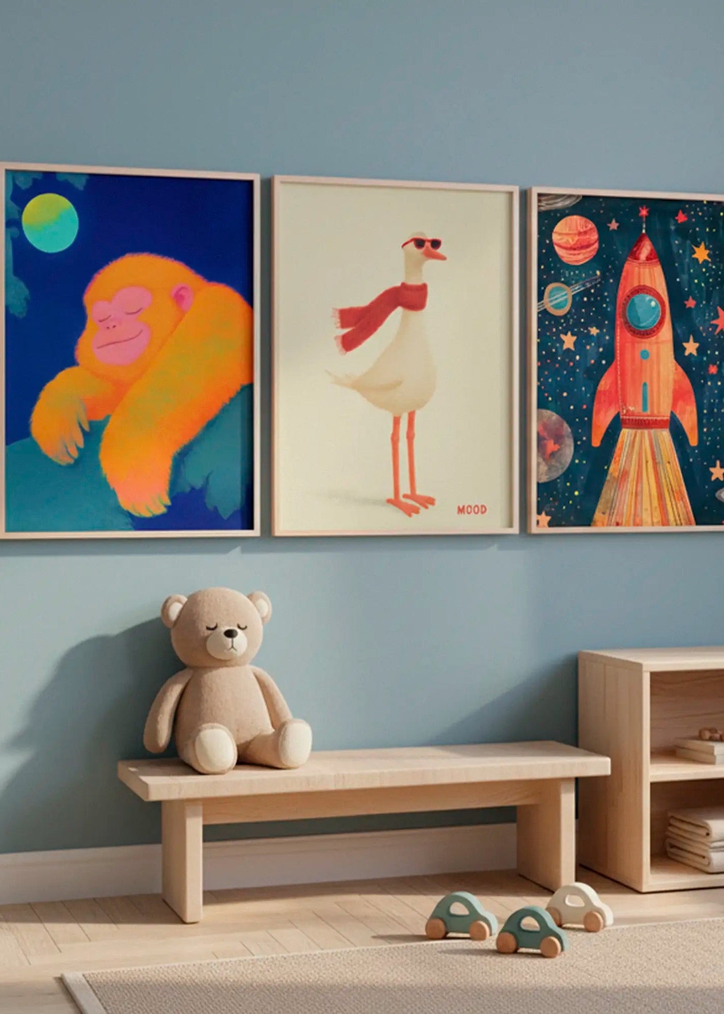 Dreaming Monkey, Space Boy and Mood posters styled together in a calm Scandinavian kids room