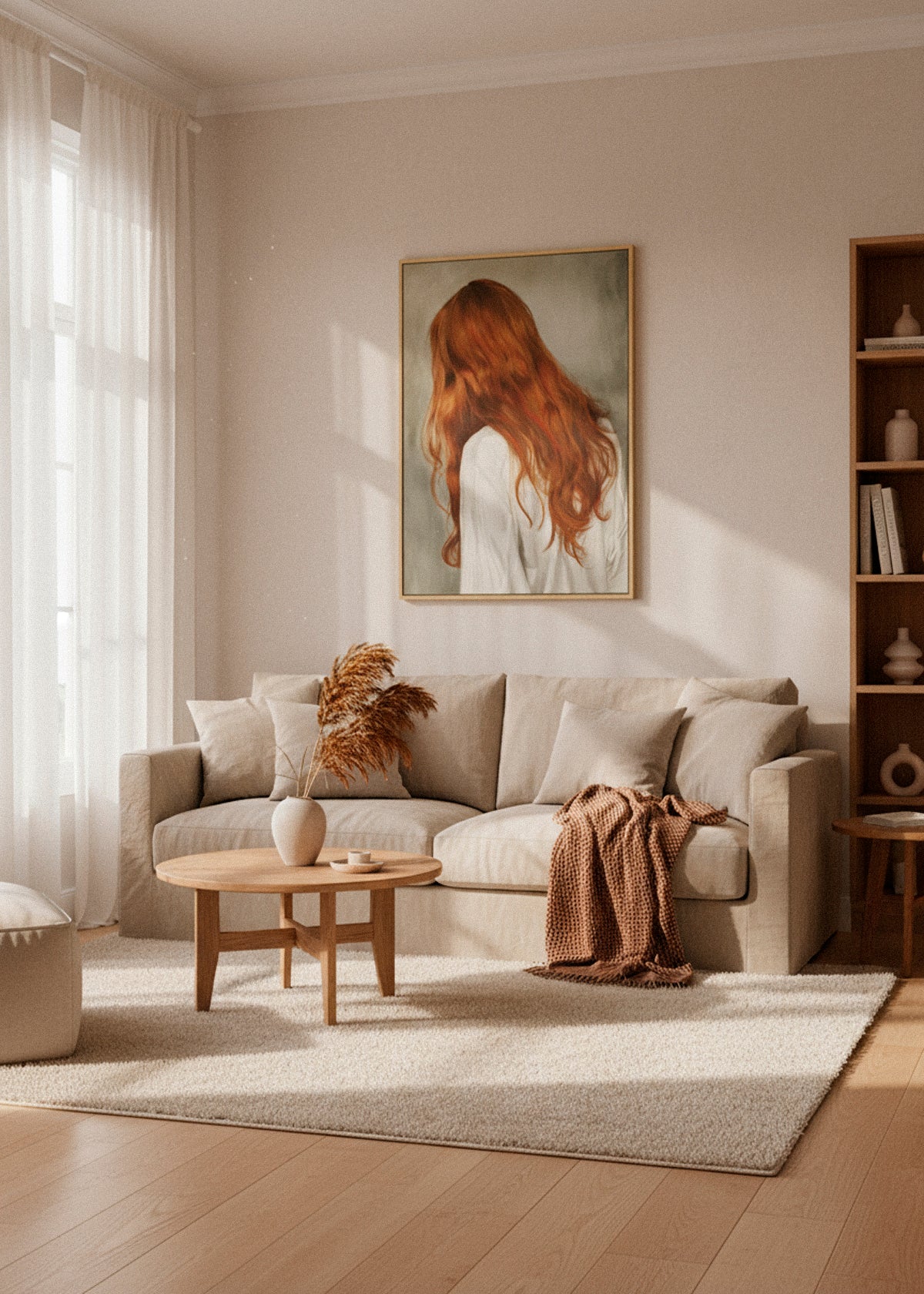 “Red Hair” canvas print featuring a woman with long auburn hair in a white shirt, displayed in a calm, sunlit living room.