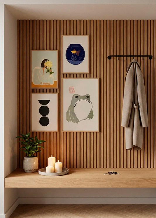 The Chrysanthemum, Fishy, Boulder and Grumpy Frog posters styled as a gallery wall in a Scandinavian entryway
