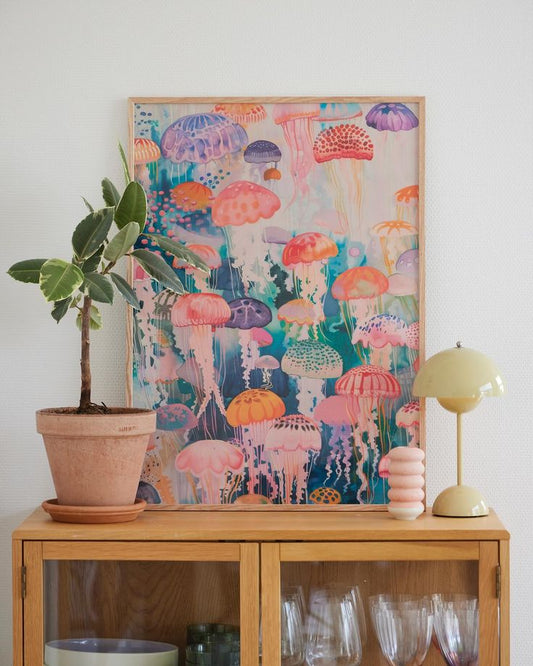 Farverig plakat med vandmænd i træramme, stylet på egetræsskab sammen med grøn lampe og stueplante.