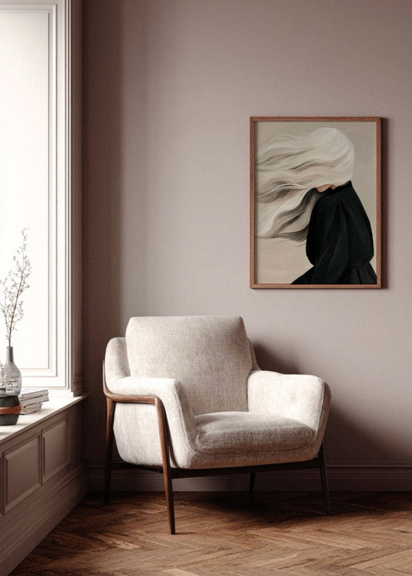 Windy poster in scandinavian living room i dark tones